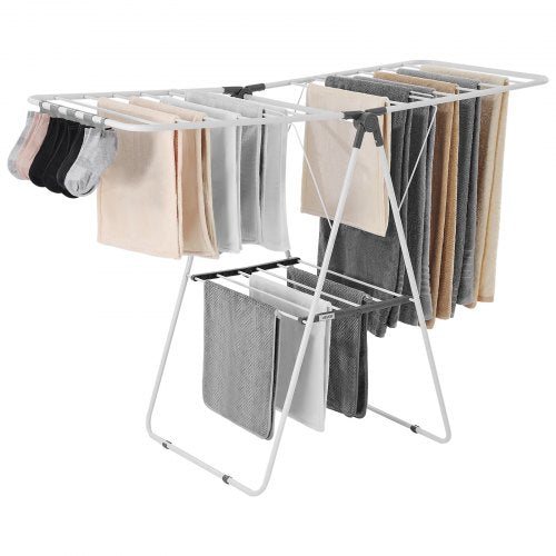 Foldable two-tier drying rack with sock clips and 21 drying rods white