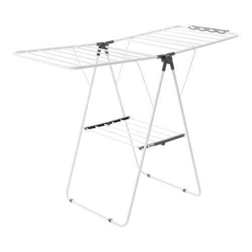 Foldable two-tier drying rack with sock clips and 21 drying rods white