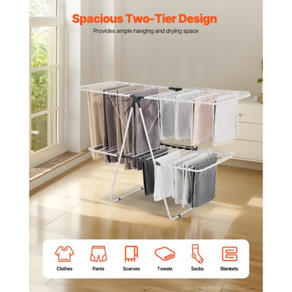 2-tier foldable clothes drying rack with sock clips and 31 drying rods white
