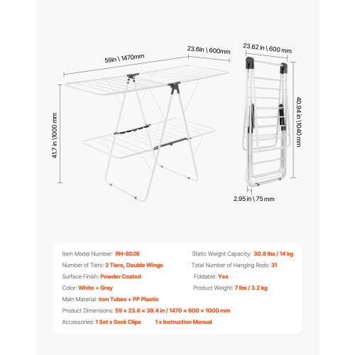 2-tier foldable clothes drying rack with sock clips and 31 drying rods white