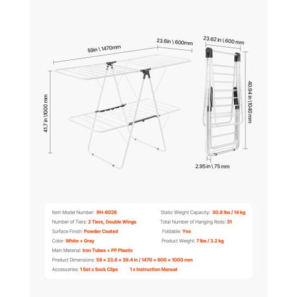 2-tier foldable clothes drying rack with sock clips and 31 drying rods white