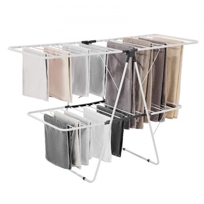 Clothes Drying Rack, 2-Tier Foldable Laundry Dryer Rack with Sock Clips & 31 Dry Rods, Metal Height Adjustable Drying Racks for Outdoor & Indoor, Free-Standing & Space-Saving Hanger, White