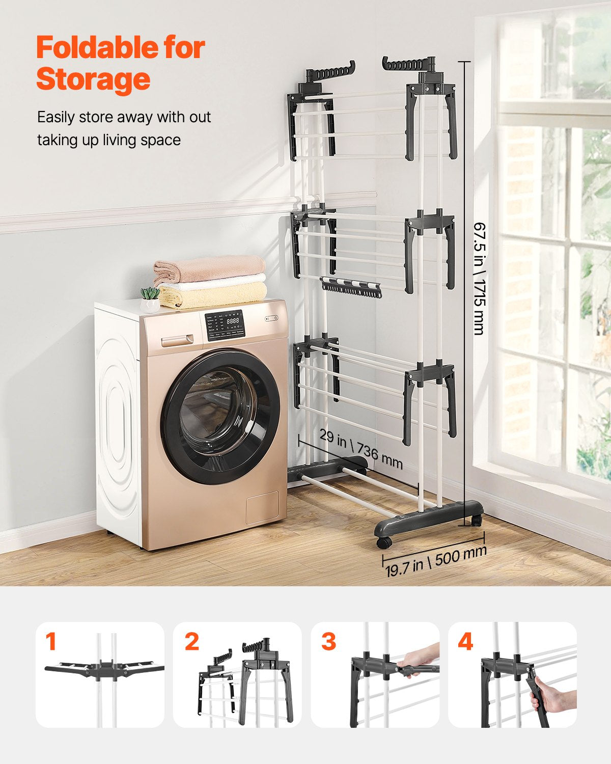 Clothes Drying Rack, 4-Tier Foldable Laundry Dryer Rack, Metal Drying Racks with 24 Drying Rods, Free-Standing and Portable Hanger with 4 Castors and Two Side Wings for Outdoor & Indoor Use