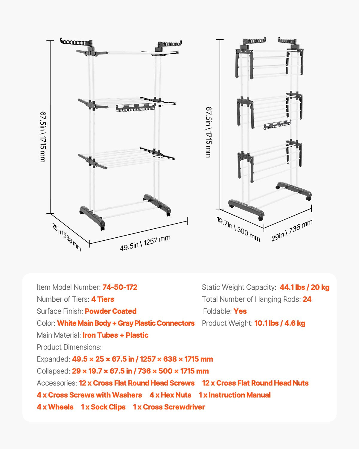 Clothes Drying Rack, 4-Tier Foldable Laundry Dryer Rack, Metal Drying Racks with 24 Drying Rods, Free-Standing and Portable Hanger with 4 Castors and Two Side Wings for Outdoor & Indoor Use