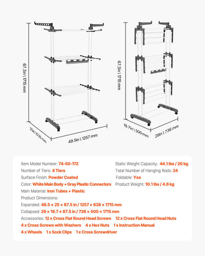 Clothes Drying Rack, 4-Tier Foldable Laundry Dryer Rack, Metal Drying Racks with 24 Drying Rods, Free-Standing and Portable Hanger with 4 Castors and Two Side Wings for Outdoor & Indoor Use