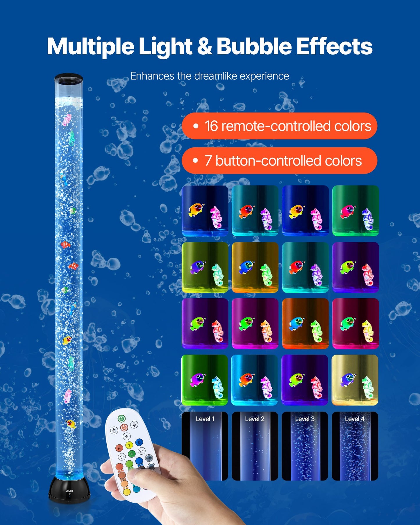 Sensory Bubble Tube Lamp, 5 ft Bubble Fish Tube, Sensory Aquarium Lamp with 10 Floating Fish & 16 Color Effects, Remote Control, Stress Relief Calming Light for Bedroom Living Room Home Decor