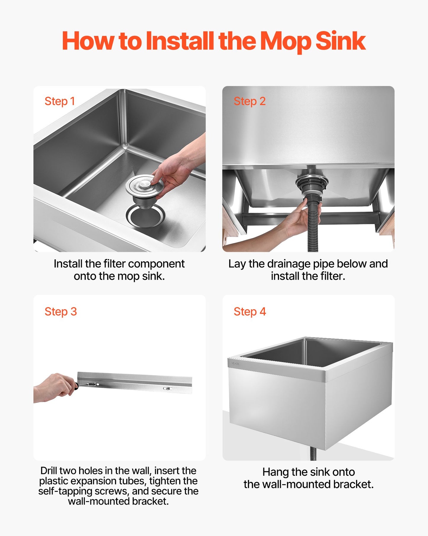 Stainless Steel Floor Mop Sink, 24 x 24 x 13 in, 304 Stainless Steel, with 3-in-1 Filter and Wall-Mounted Bracket, X-Shaped Groove for Quick and Smooth Drainage, for Balcony and Bathroom