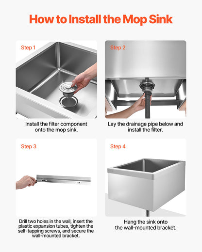 Stainless Steel Floor Mop Sink, 24 x 24 x 13 in, 304 Stainless Steel, with 3-in-1 Filter and Wall-Mounted Bracket, X-Shaped Groove for Quick and Smooth Drainage, for Balcony and Bathroom
