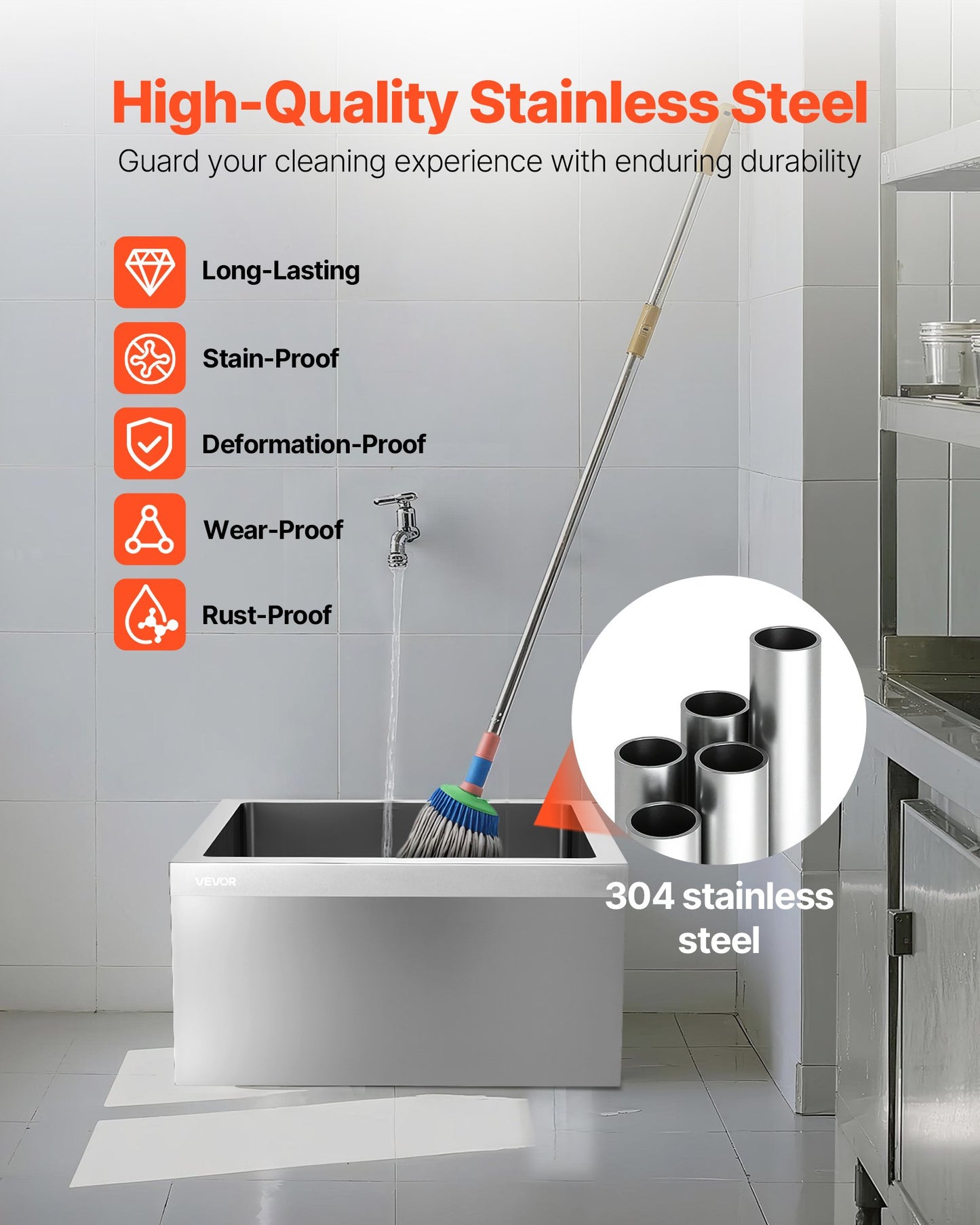 Stainless Steel Floor Mop Sink, 24 x 24 x 13 in, 304 Stainless Steel, with 3-in-1 Filter and Wall-Mounted Bracket, X-Shaped Groove for Quick and Smooth Drainage, for Balcony and Bathroom
