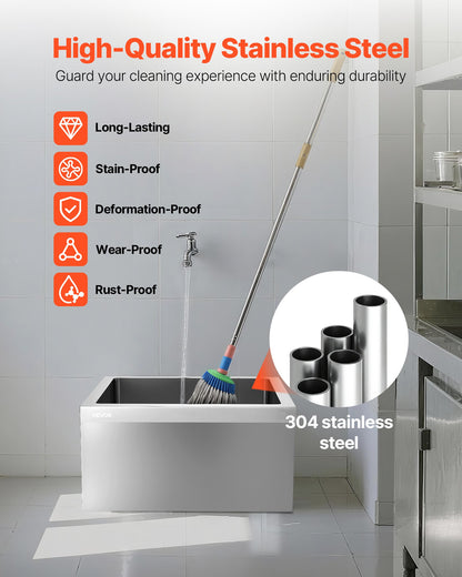 Stainless Steel Floor Mop Sink, 24 x 24 x 13 in, 304 Stainless Steel, with 3-in-1 Filter and Wall-Mounted Bracket, X-Shaped Groove for Quick and Smooth Drainage, for Balcony and Bathroom