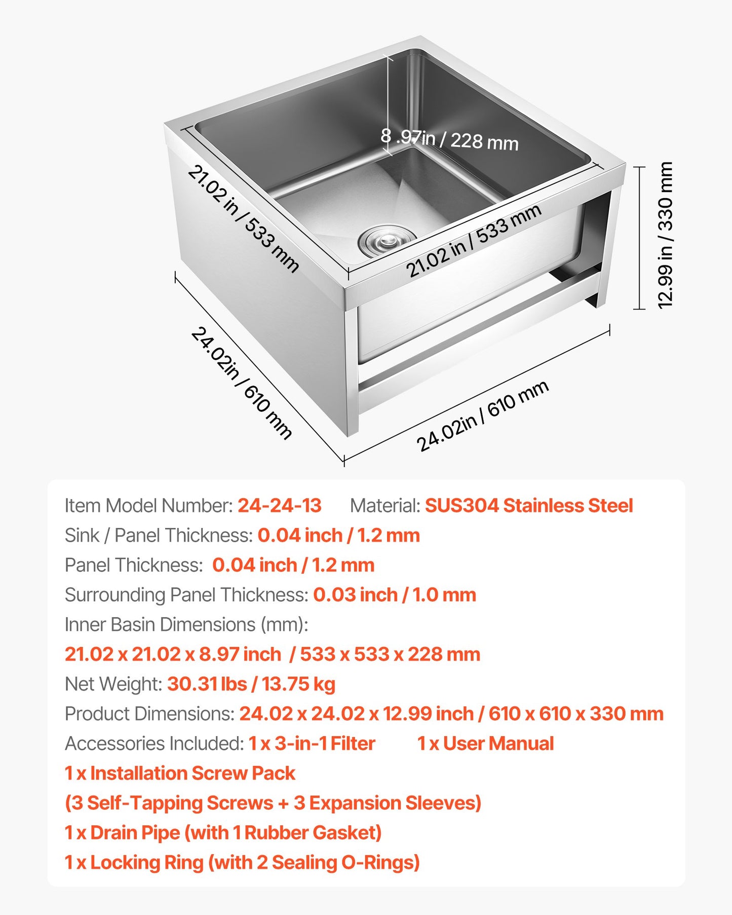 Stainless Steel Floor Mop Sink, 24 x 24 x 13 in, 304 Stainless Steel, with 3-in-1 Filter and Wall-Mounted Bracket, X-Shaped Groove for Quick and Smooth Drainage, for Balcony and Bathroom