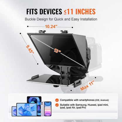 Teleprompter, 13" Aluminum Alloy, Floor Type with Adjustable Angle Spectroscope, Remote Control, for YouTube, Twitch, Zoom, Supports DSLR/Webcam/Smartphone, for Video Recording/Live Streaming