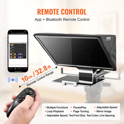 Teleprompter, 16" Aluminum Alloy, Floor Type with Adjustable Angle Spectroscope, Remote Control, for YouTube, Twitch, Zoom, Supports DSLR/Webcam, for Video Recording/Live Streaming