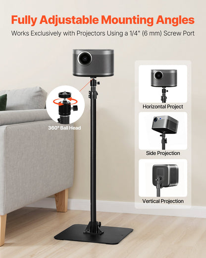 Projector Stand, Projector Floor Stand with Adjustable Height 30.3 to 63.4 inch, 360° Horizontal Rotation Projectors Cart for Meetings, Outdoor Movies, Video Stand, Gimbal Mount or Tray Support