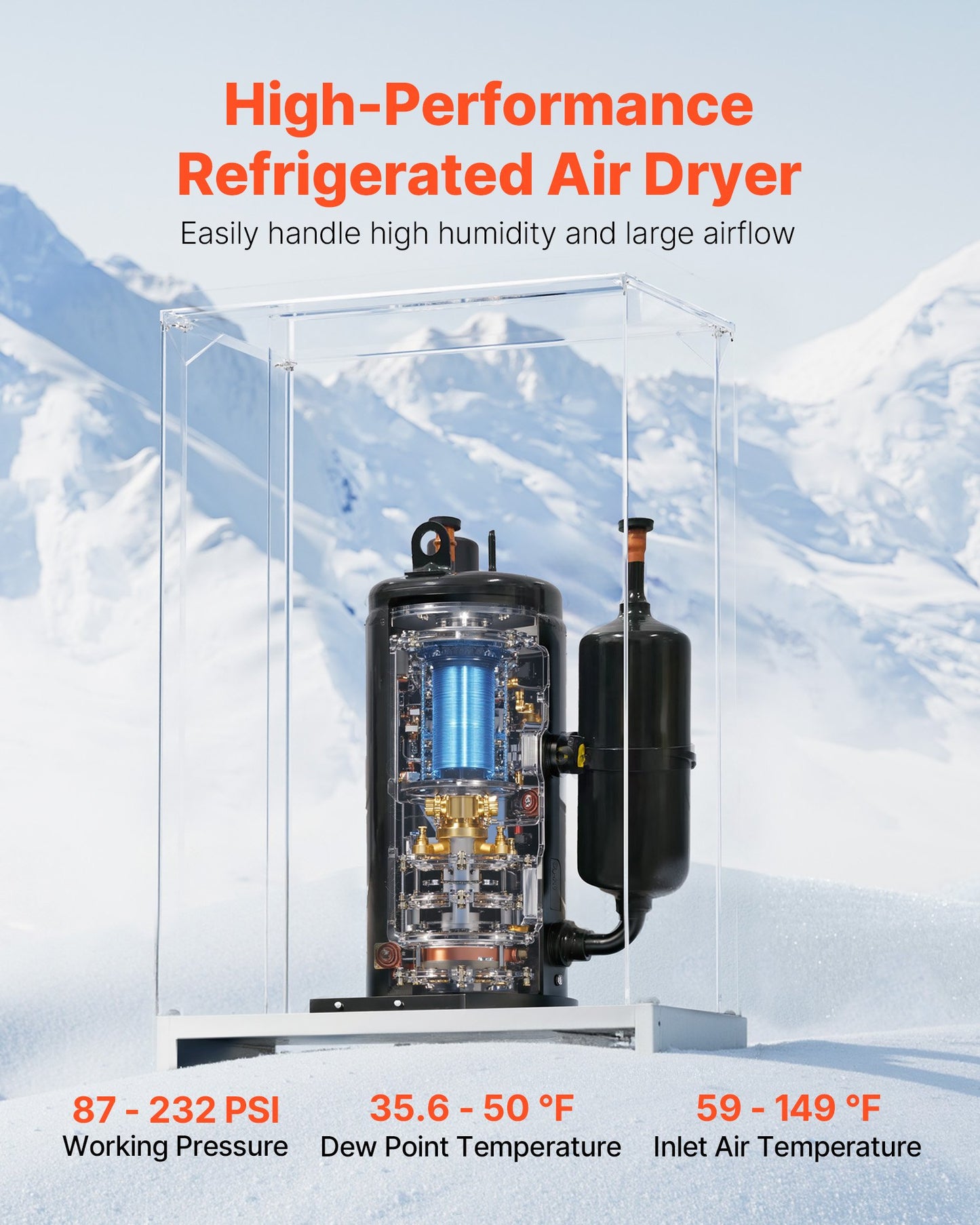 Compressed Air Dryer, 125CFM Refrigerated Air Dryer, 110-120V Industrial Refrigerated Air-Drying System for 20HP, 25HP & 30HP Compressors - with Color Screen Control Panel and Automatic Drainage