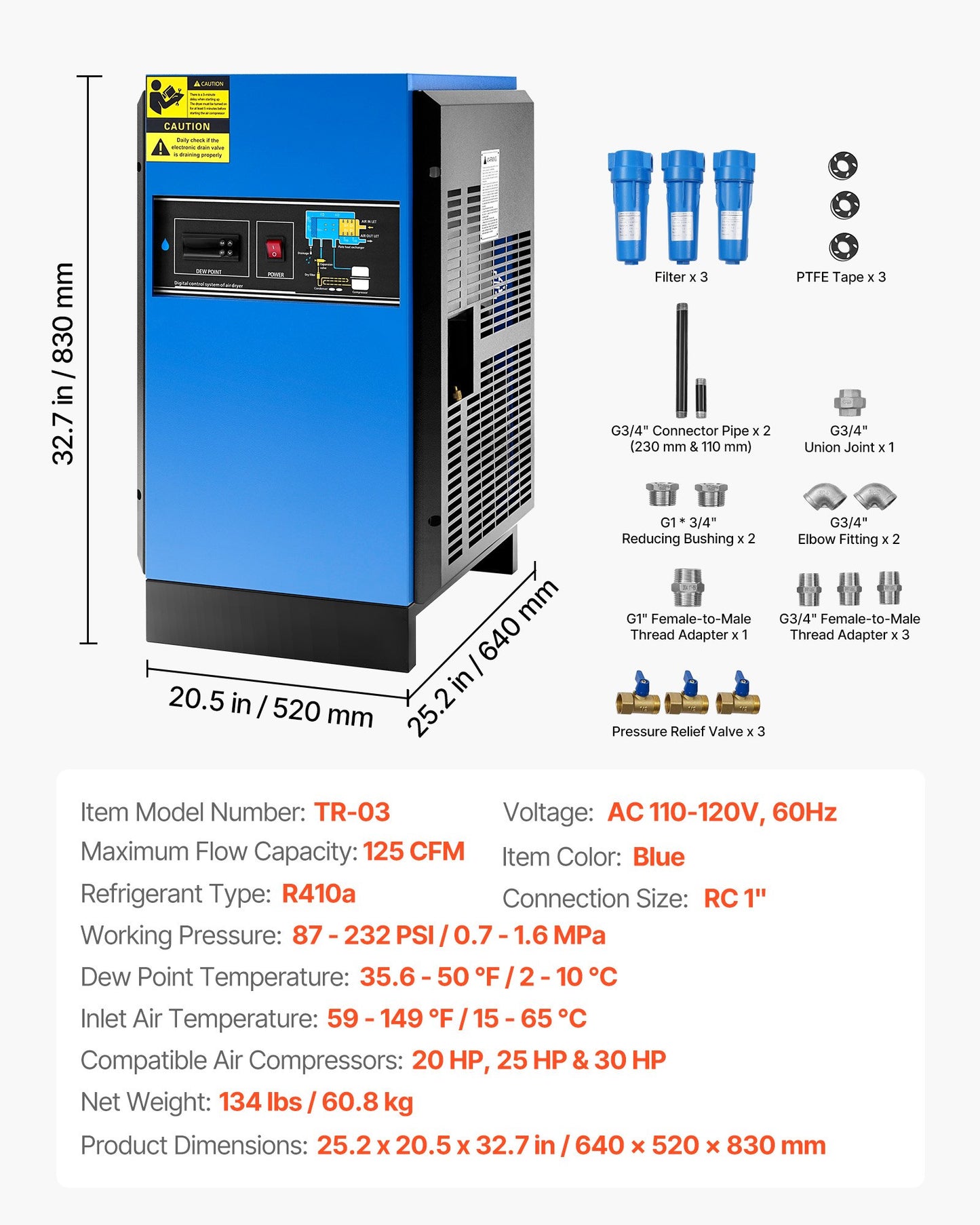 Compressed Air Dryer, 125CFM Refrigerated Air Dryer, 110-120V Industrial Refrigerated Air-Drying System for 20HP, 25HP & 30HP Compressors - with Color Screen Control Panel and Automatic Drainage
