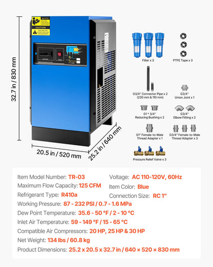 Compressed Air Dryer, 125CFM Refrigerated Air Dryer, 110-120V Industrial Refrigerated Air-Drying System for 20HP, 25HP & 30HP Compressors - with Color Screen Control Panel and Automatic Drainage