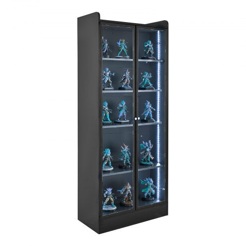 Display Cabinet with Doors, 67 in Tall Lighted Display Case with 2 Adjustable Shelves, 5-Tier Curio Collectibles Storage Cabinet, Bookshelf Bookcase for Pantry Bedroom Living Room Office