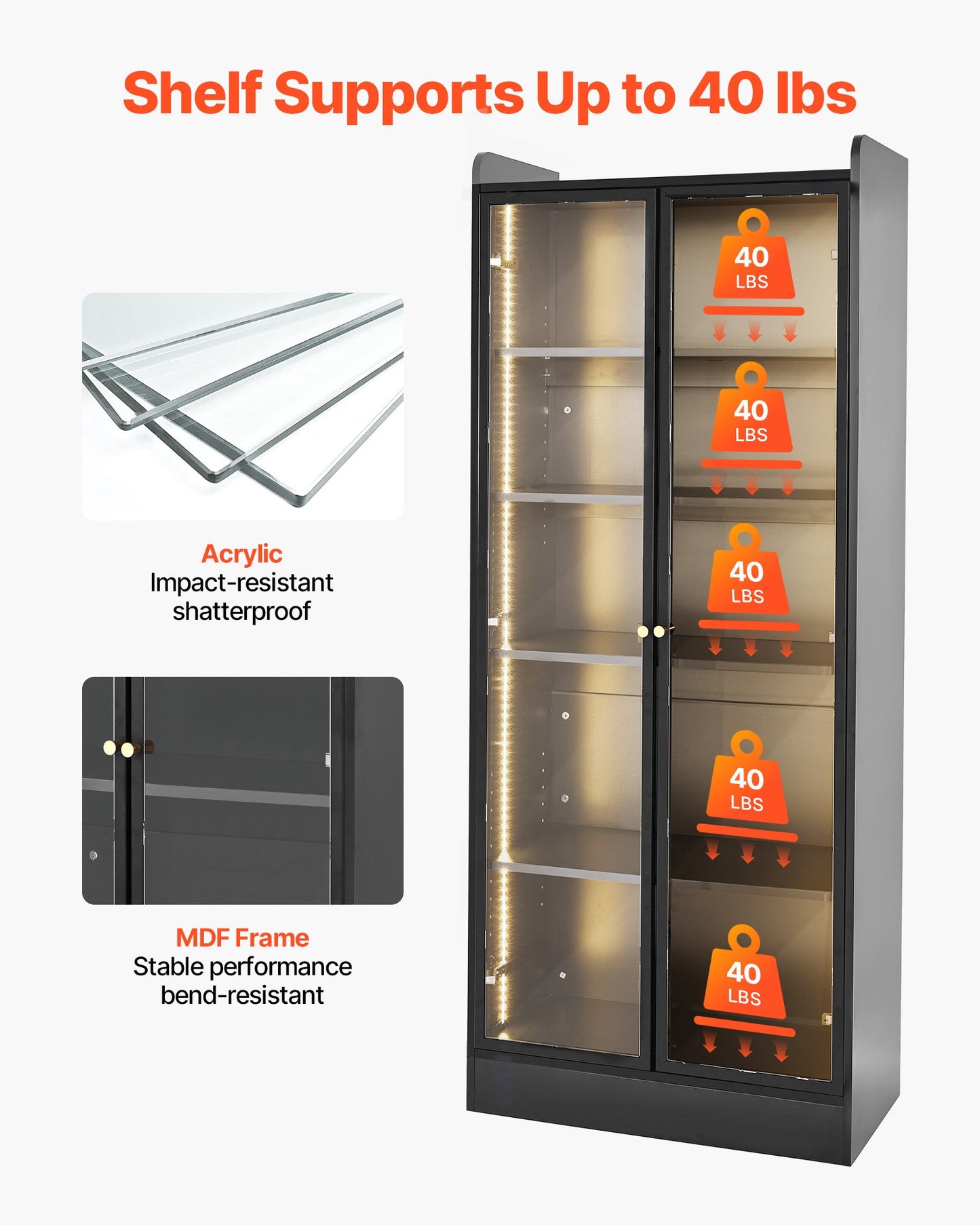 Display Cabinet with Doors, 67 in Tall Lighted Display Case with 2 Adjustable Shelves, 5-Tier Curio Collectibles Storage Cabinet, Bookshelf Bookcase for Pantry Bedroom Living Room Office