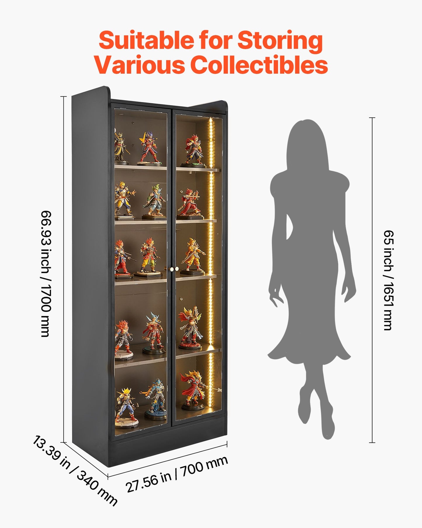 Display Cabinet with Doors, 67 in Tall Lighted Display Case with 2 Adjustable Shelves, 5-Tier Curio Collectibles Storage Cabinet, Bookshelf Bookcase for Pantry Bedroom Living Room Office