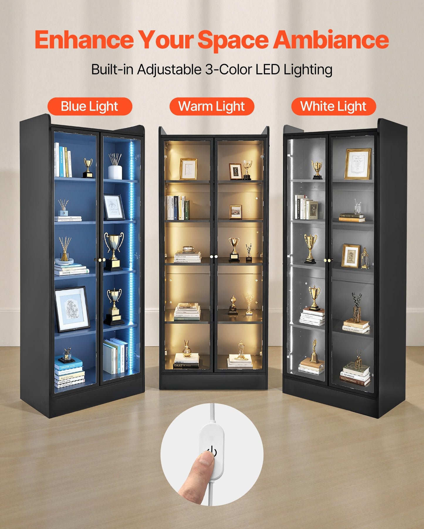 Display Cabinet with Doors, 67 in Tall Lighted Display Case with 2 Adjustable Shelves, 5-Tier Curio Collectibles Storage Cabinet, Bookshelf Bookcase for Pantry Bedroom Living Room Office