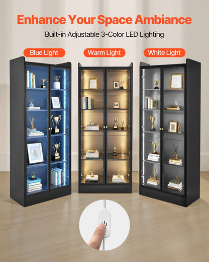 Display Cabinet with Doors, 67 in Tall Lighted Display Case with 2 Adjustable Shelves, 5-Tier Curio Collectibles Storage Cabinet, Bookshelf Bookcase for Pantry Bedroom Living Room Office