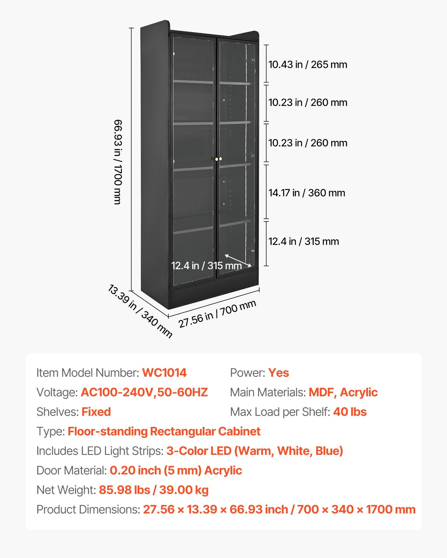 Display Cabinet with Doors, 67 in Tall Lighted Display Case with 2 Adjustable Shelves, 5-Tier Curio Collectibles Storage Cabinet, Bookshelf Bookcase for Pantry Bedroom Living Room Office