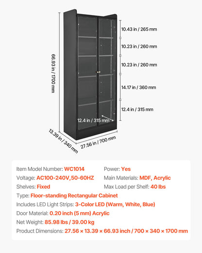 Display Cabinet with Doors, 67 in Tall Lighted Display Case with 2 Adjustable Shelves, 5-Tier Curio Collectibles Storage Cabinet, Bookshelf Bookcase for Pantry Bedroom Living Room Office
