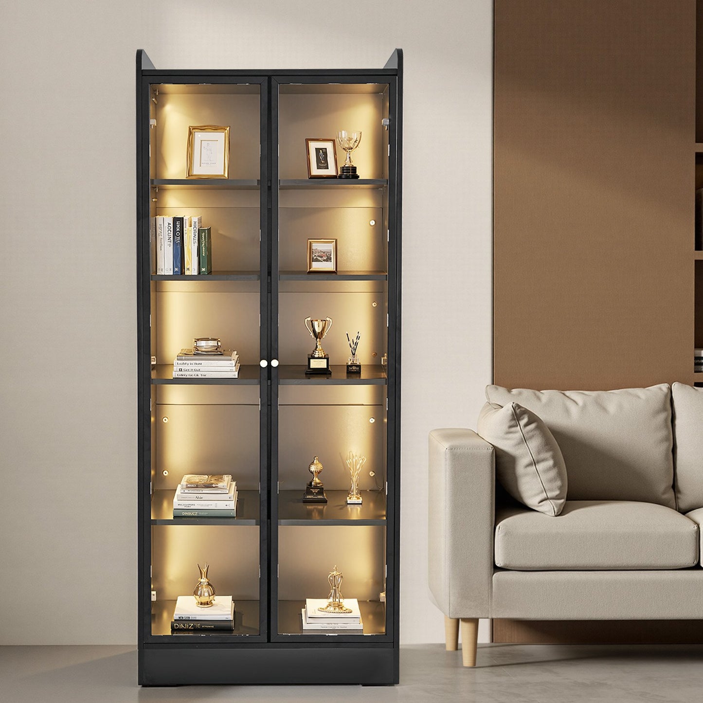 Display Cabinet with Doors, 67 in Tall Lighted Display Case with 2 Adjustable Shelves, 5-Tier Curio Collectibles Storage Cabinet, Bookshelf Bookcase for Pantry Bedroom Living Room Office