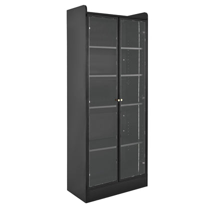 Display Cabinet with Doors, 67 in Tall Lighted Display Case with 2 Adjustable Shelves, 5-Tier Curio Collectibles Storage Cabinet, Bookshelf Bookcase for Pantry Bedroom Living Room Office