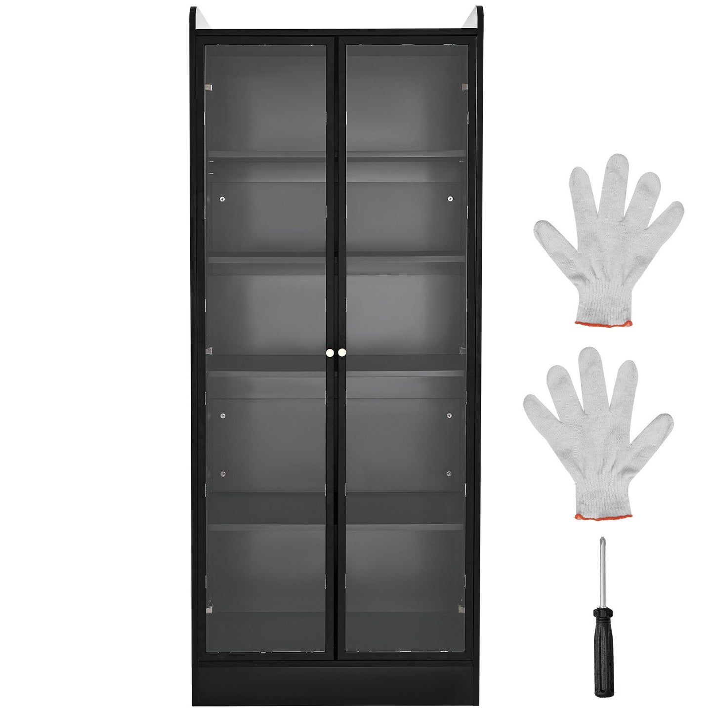 Display Cabinet with Doors, 67 in Tall Lighted Display Case with 2 Adjustable Shelves, 5-Tier Curio Collectibles Storage Cabinet, Bookshelf Bookcase for Pantry Bedroom Living Room Office