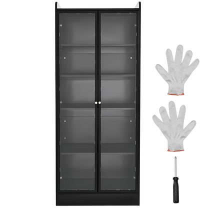 Display Cabinet with Doors, 67 in Tall Lighted Display Case with 2 Adjustable Shelves, 5-Tier Curio Collectibles Storage Cabinet, Bookshelf Bookcase for Pantry Bedroom Living Room Office