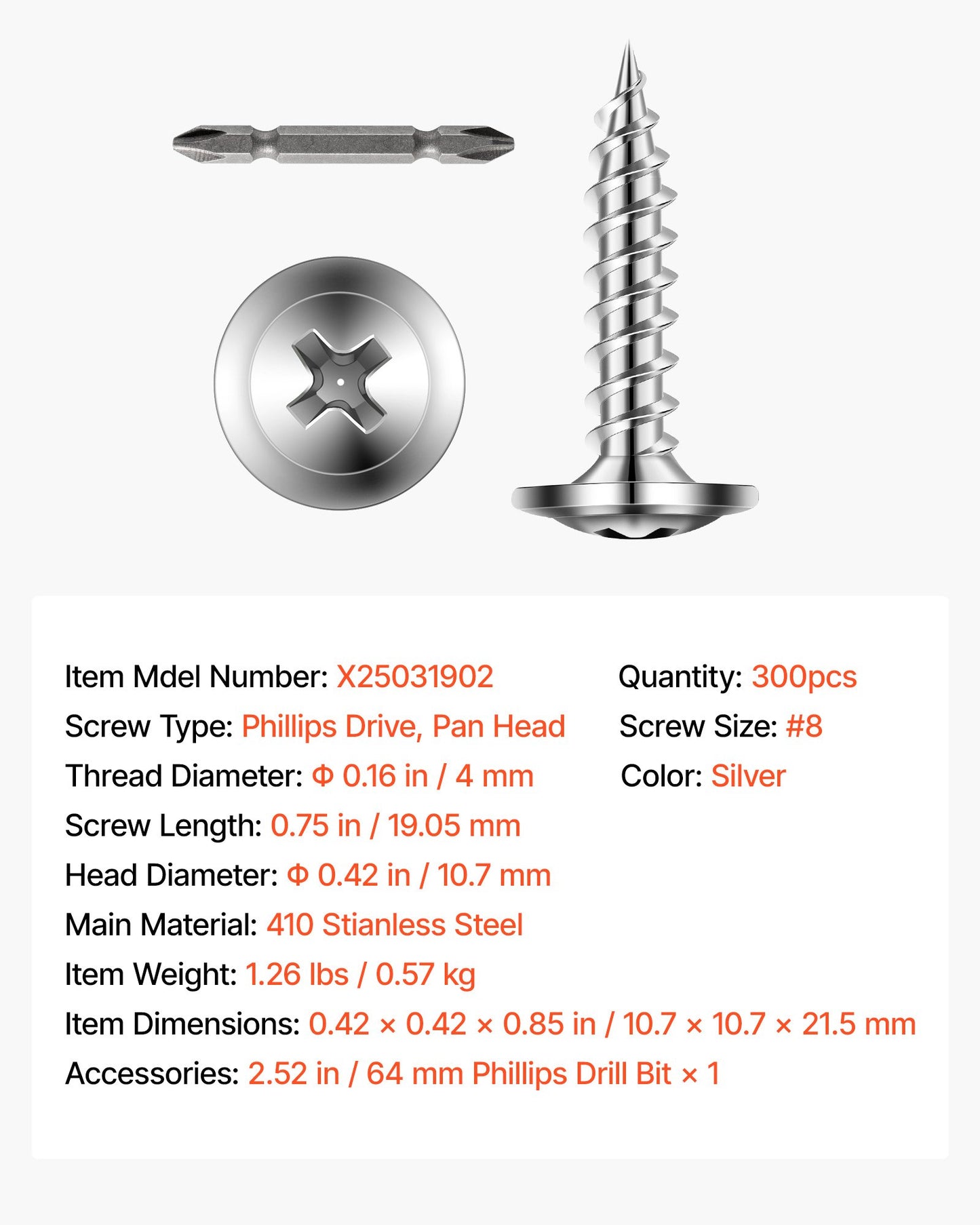Screws, #8 x 3/4 inch Length Self Drilling Drywall to Wood Screw, All Purpose High-Hardness Stainless Steel Wall Anchors with a Phillips Drill Bit, Cross Slot for Home Renovation(300 per Box)