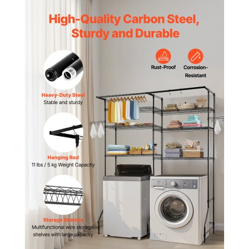 Ablageregal für Waschmaschine und Trockner, zweireihig, 6 Ebenen, Waschbecken, Schwarz | EU