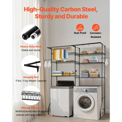 Ablageregal für Waschmaschine und Trockner, zweireihig, 6 Ebenen, Waschbecken, Schwarz | EU