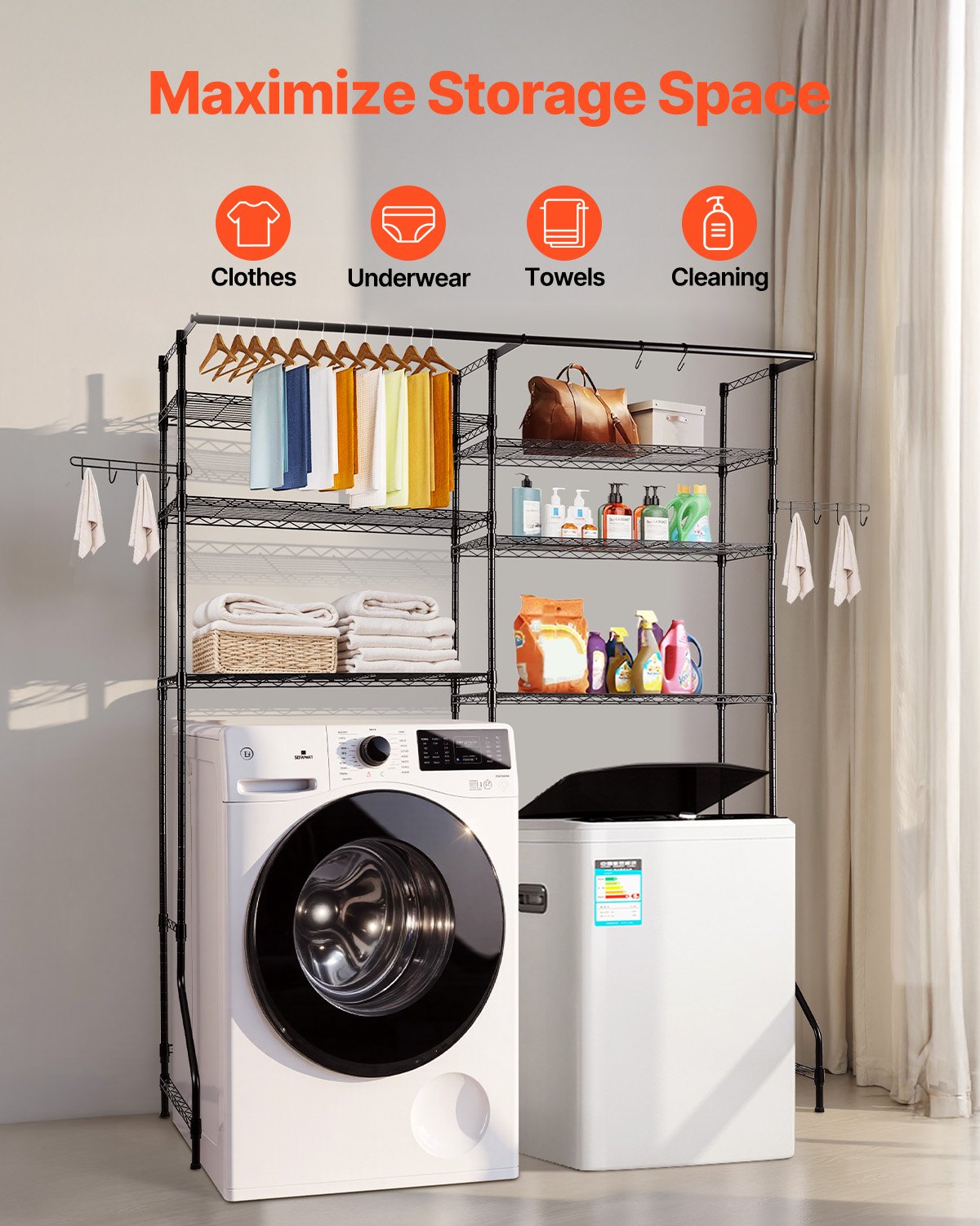 Over Washer and Dryer Storage Shelves, 6 Tiers Laundry Room Drying Rack with Hanger Rod and Hooks, Two Rows Adjustable Washer Shelves Space Saver, for Laundry Room Storage & Organization, Black
