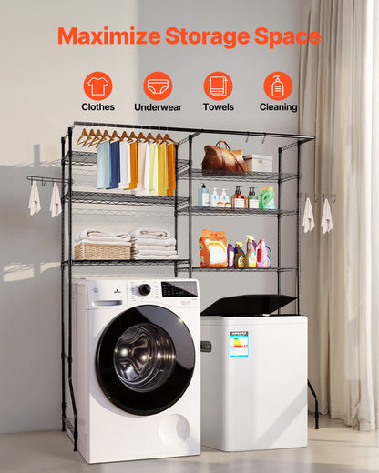 Over Washer and Dryer Storage Shelves, 6 Tiers Laundry Room Drying Rack with Hanger Rod and Hooks, Two Rows Adjustable Washer Shelves Space Saver, for Laundry Room Storage & Organization, Black