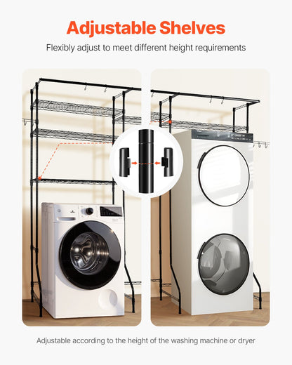 Over Washer and Dryer Storage Shelves, 6 Tiers Laundry Room Drying Rack with Hanger Rod and Hooks, Two Rows Adjustable Washer Shelves Space Saver, for Laundry Room Storage & Organization, Black