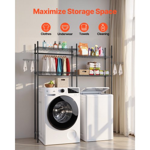 Lagerregal für Waschmaschine und Trockner, zweireihig, 4 Ebenen, Waschmaschinenständer, Schwarz | EU