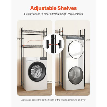 Lagerregal für Waschmaschine und Trockner, zweireihig, 4 Ebenen, Waschmaschinenständer, Schwarz | EU