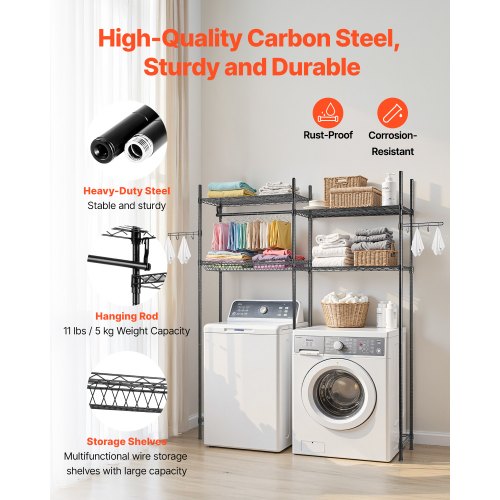 Lagerregal für Waschmaschine und Trockner, zweireihig, 4 Ebenen, Waschmaschinenständer, Schwarz | EU