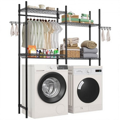 Over Washer and Dryer Storage Shelves, 4 Tiers Laundry Room Drying Rack with Hanger Rod and Hooks, Two Rows Adjustable Washer Shelves Space Saver, for Laundry Room Storage & Organization, Black