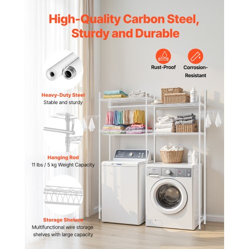 Lagerregal für Waschmaschine und Trockner, zweireihig, 4 Ebenen, Waschmaschinenständer, weiß | EU