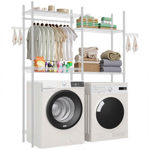 Over Washer and Dryer Storage Shelves, 4 Tiers Laundry Room Drying Rack with Hanger Rod and Hooks, Two Rows Adjustable Washer Shelves Space Saver, for Laundry Room Storage & Organization, White