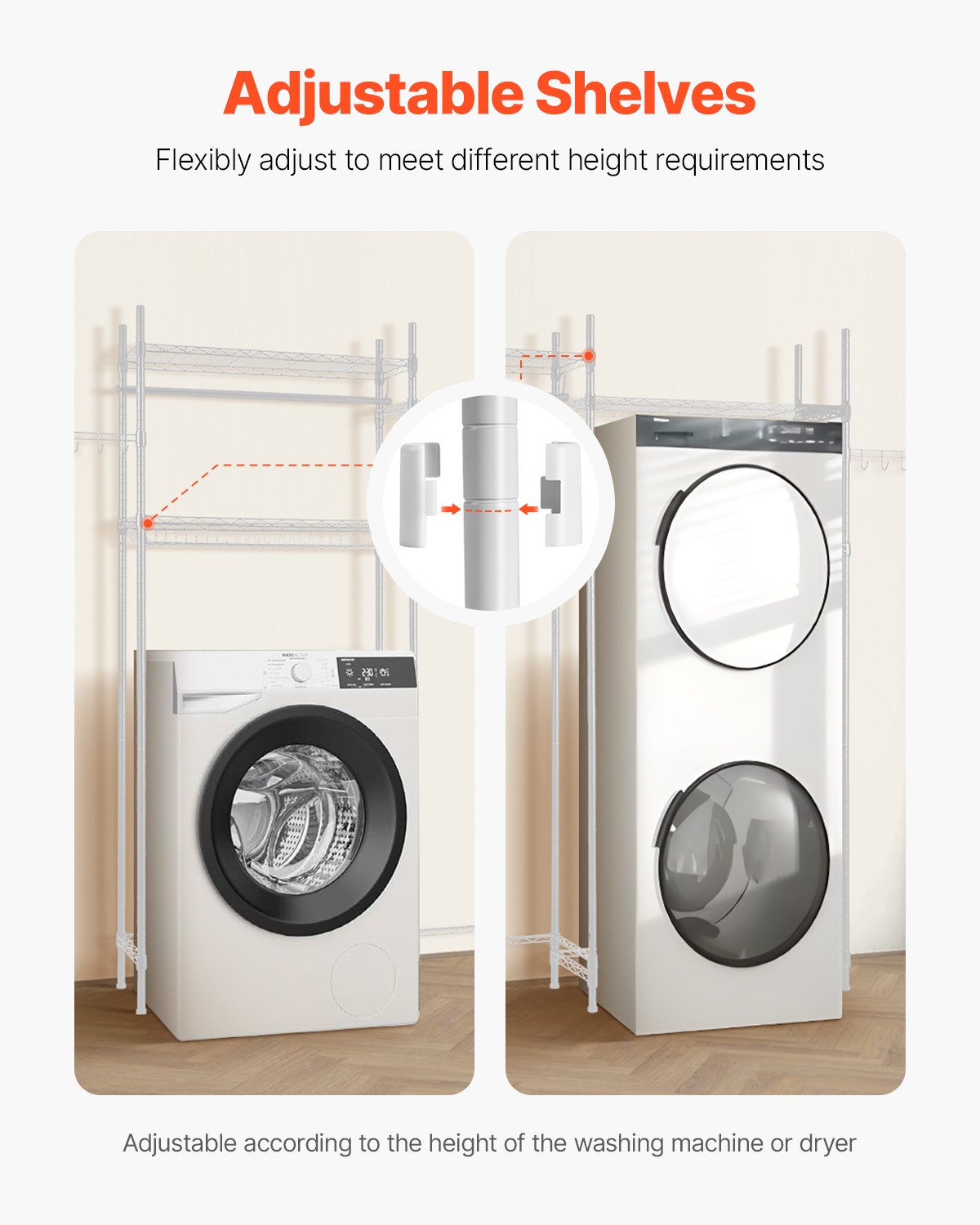 Over Washer and Dryer Storage Shelves, 4 Tiers Laundry Room Drying Rack with Hanger Rod and Hooks, Two Rows Adjustable Washer Shelves Space Saver, for Laundry Room Storage & Organization, White