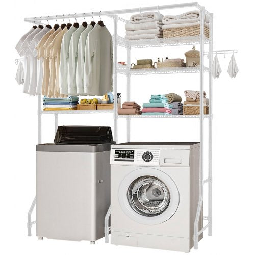 Over Washer and Dryer Storage Shelves, 6 Tiers Laundry Room Drying Rack with Hanger Rod and Hooks, Two Rows Adjustable Washer Shelves Space Saver, for Laundry Room Storage & Organization, White