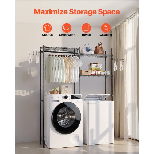 Ablageregal über Waschmaschine und Trockner, zweireihig, 5-stufiges Waschbecken, Schwarz | EU