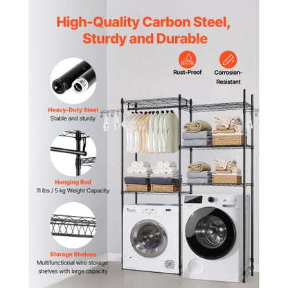 Ablageregal über Waschmaschine und Trockner, zweireihig, 5-stufiges Waschbecken, Schwarz | EU