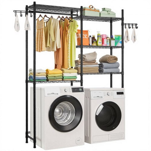 Over Washer and Dryer Storage Shelves, 5 Tiers Laundry Room Drying Rack with Hanger Rod and Hooks, Two Rows Adjustable Washer Shelves Space Saver, for Laundry Room Storage & Organization, Black