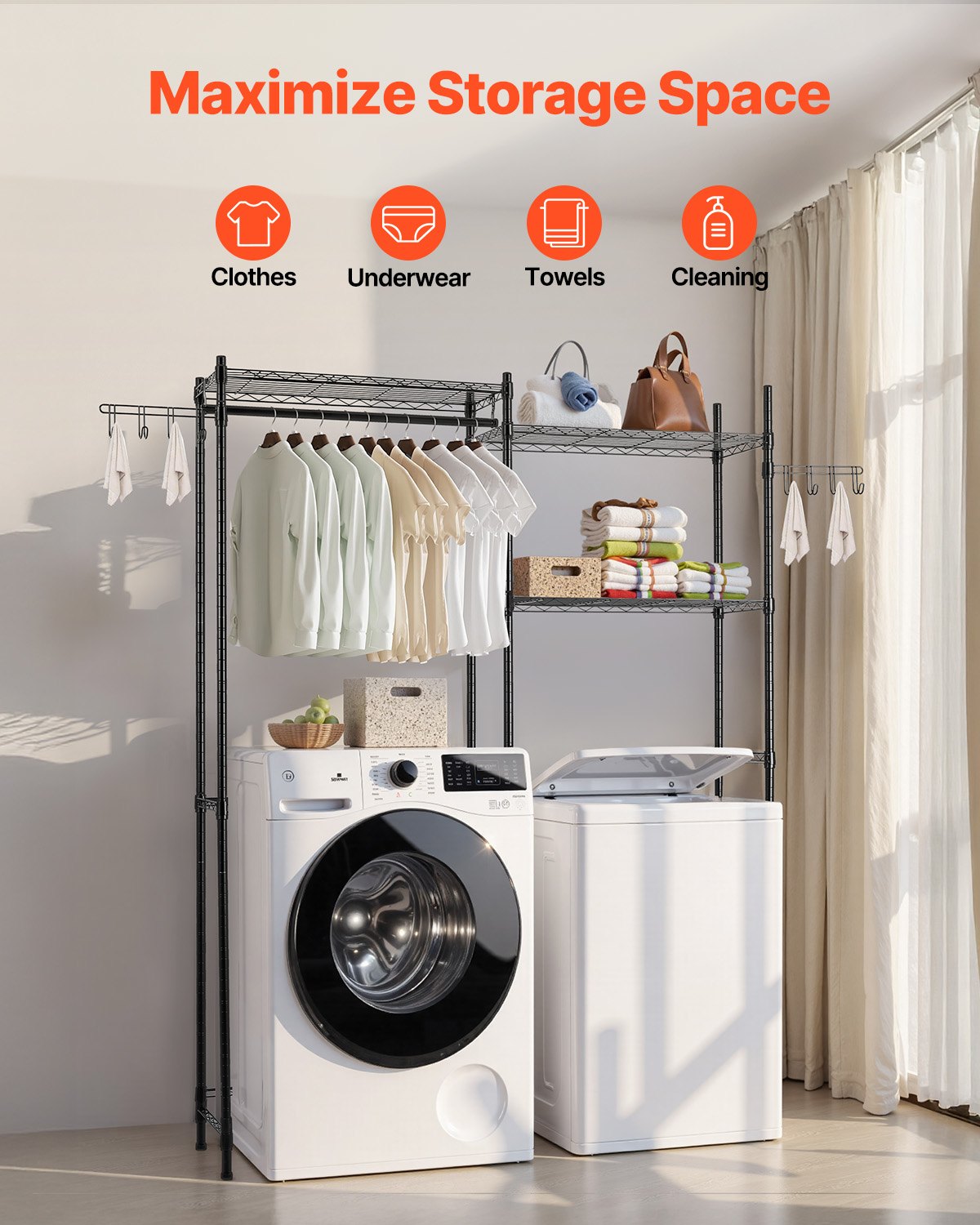 Over Washer and Dryer Storage Shelves, 5 Tiers Laundry Room Drying Rack with Hanger Rod and Hooks, Two Rows Adjustable Washer Shelves Space Saver, for Laundry Room Storage & Organization, Black